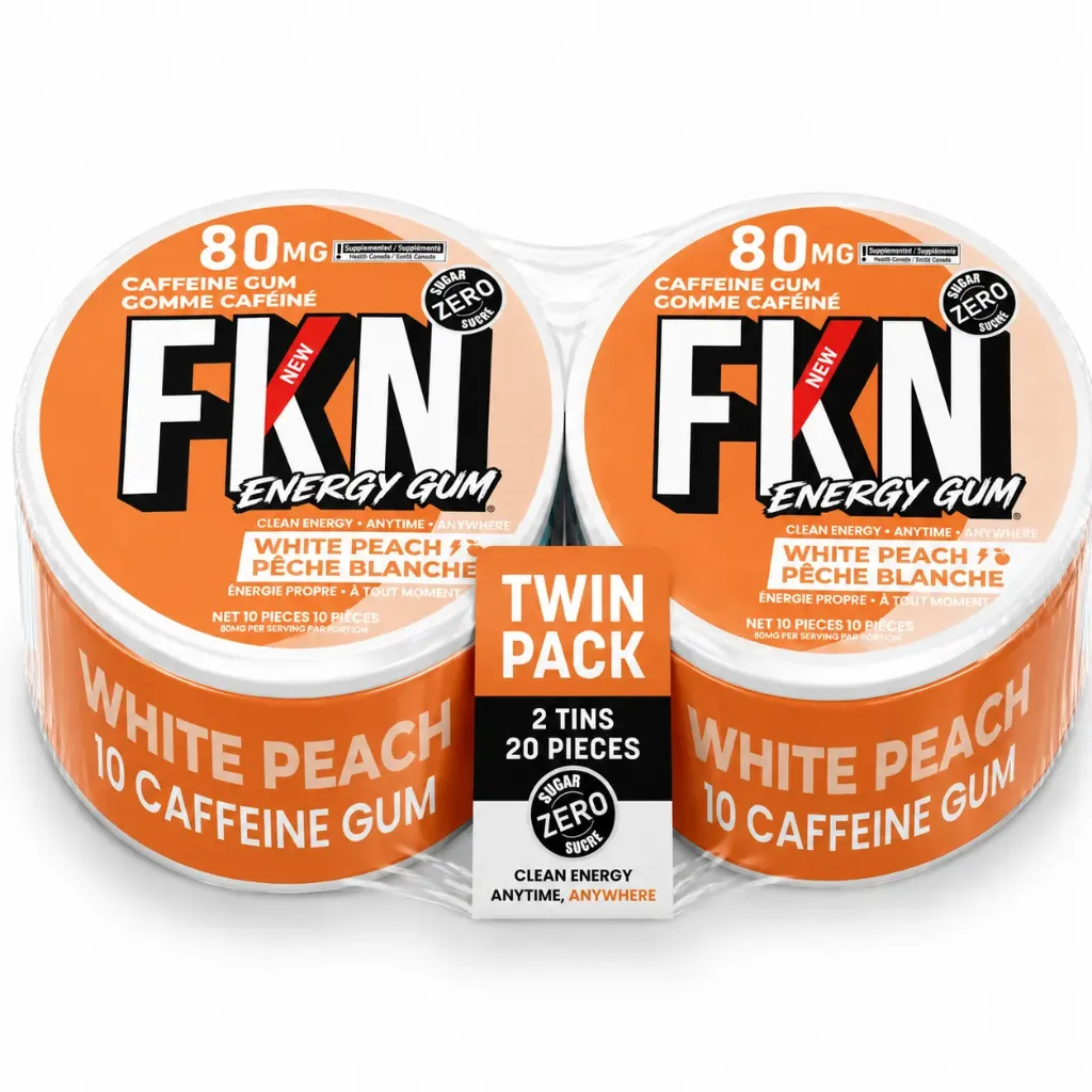 FKN Caffeine Gum (White Peach) 80MG (Sleeve of 10) (USA) (Twin Pack)